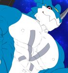  abs anthro bandai_namco blue_body blush digimon digimon_(species) exveemon horn low-angle_view low_res male muscular muscular_anthro muscular_male navel nekogaki0324 nipples pecs red_eyes solo 