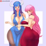  2girls ass ass_shake bare_shoulders blush breasts cleavage curvy devil_fruit dress highres horns huge_ass looking_back mask mouth_mask multicolored_hair multiple_girls musaed_art one_piece orange_hair pantyhose perona pink_hair red_dress shoulder_tattoo standing sweat tattoo twerking twintails two-tone_hair ulti_(one_piece) wide_hips 