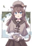  1girl :d ahoge animal_ear_fluff animal_ears black_bow black_bowtie black_sailor_collar blue_eyes blush bow bowtie brown_capelet brown_hair brown_headwear brown_skirt capelet cat_ears cat_girl cat_tail coffee_cup colon_br cowboy_shot cup deerstalker disposable_cup hair_between_eyes hair_ornament hairclip hat highres holding holding_cup leaf long_hair long_sleeves looking_at_viewer open_mouth original pleated_skirt sailor_collar shirt sidelocks simple_background skirt smile solo straight-on straight_hair tail teeth upper_teeth_only white_background white_shirt 