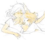  2boys animal_ears closed_eyes cyno_(genshin_impact) fox_ears fox_tail genshin_impact hair_between_eyes hair_over_one_eye hugging_own_tail hugging_tail lying male_focus monochrome multicolored_hair multiple_boys nobinolifes on_back on_side open_mouth shirt short_sleeves simple_background sleeping tail tighnari_(genshin_impact) under_covers yaoi 