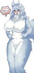  anthro blue_eyes blush breasts butt canid canine canis digital_media_(artwork) female fur fur_covering_nipples hair hi_res kkhyun5016 long_hair mammal navel nude overweight solo tuft wolf 
