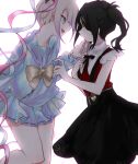  2girls ame-chan_(needy_girl_overdose) black_hair black_ribbon black_skirt blonde_hair blue_eyes blue_hair blue_nails blue_shirt blue_skirt bow chouzetsusaikawa_tenshi-chan collared_shirt commentary_request dual_persona face-to-face feet_out_of_frame gradient_hair hair_ornament hair_over_one_eye hair_tie hand_on_another&#039;s_chin hand_on_own_chest hand_up long_hair long_sleeves looking_at_another migimiya_yoru multicolored_hair multicolored_nails multiple_girls neck_ribbon needy_girl_overdose open_mouth pink_hair pink_nails pleated_skirt purple_hair quad_tails red_shirt ribbon sailor_collar school_uniform serafuku shirt shirt_tucked_in simple_background skirt smile standing suspender_skirt suspenders twintails very_long_hair white_background x_hair_ornament yellow_bow yellow_nails 
