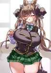  1girl animal_ears bag black_vest blush breasts brown_hair closed_eyes earrings extra_ears galleon_(granblue_fantasy) gold_trim granblue_fantasy green_ribbon green_skirt hair_between_eyes highres horns jewelry large_breasts long_hair long_sleeves multicolored_hair open_mouth osakana_(rrg0123) pointing pointy_ears ribbon school_bag school_uniform shirt skirt solo streaked_hair thick_thighs thighs very_long_hair vest white_shirt 