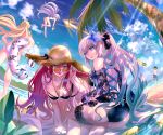  1boy 4girls adjusting_eyewear ass ball baobhan_sith_(fate) bare_shoulders barghest_(fate) basket beach beachball bikini black_bikini black_bow black_hair blonde_hair blue_eyes blue_one-piece_swimsuit blue_sky bow braid breasts bridal_garter cleavage earrings fate/grand_order fate_(series) flower french_braid fujimaru_ritsuka_(male) grey_eyes grey_hair gyoza_(pi512126) hair_bow hair_flower hair_ornament hat highres horns innertube jewelry large_breasts long_hair long_sleeves looking_at_viewer looking_back looking_over_eyewear melusine_(fate) morgan_le_fay_(fate) multiple_girls one-piece_swimsuit open_mouth orange-tinted_eyewear palm_tree pink_hair pointy_ears ponytail round_eyewear shorts sidelocks sky smile straw_hat sunglasses swimsuit thighs tinted_eyewear tongue tongue_out tree very_long_hair white_bikini white_hair 