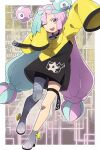  1girl ;d arm_up bike_shorts boots border commentary_request eyelashes green_hair grey_footwear grey_shirt hand_up highres iono_(pokemon) knees long_hair minato_(rigu_hm) multicolored_hair one_eye_closed open_mouth pink_hair pokemon pokemon_(game) pokemon_sv shirt single_leg_pantyhose sleeveless sleeveless_shirt sleeves_past_fingers sleeves_past_wrists smile solo teeth thigh_strap twintails two-tone_hair upper_teeth_only white_border 