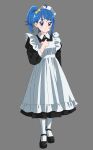  1girl ahoge alternate_costume apron black_dress black_footwear blue_eyes blue_hair blunt_bangs bow dress enmaided frilled_apron frills full_body grey_background hair_bow hand_up highres hirogaru_sky!_precure juliet_sleeves kousuke0912 long_sleeves maid maid_apron mary_janes medium_hair pantyhose precure puffy_sleeves shoes side_ponytail simple_background single_sidelock solo sora_harewataru standing white_apron white_pantyhose yellow_bow 