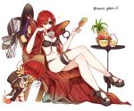  1boy apple black_headwear bubble_tea bubble_tea_challenge cape chain chair collared_cape cup disposable_cup drinking drinking_straw drinking_straw_in_mouth facing_viewer family_crest fate/grand_order fate_(series) fiery_hair food fruit grapes hair_between_eyes hair_over_one_eye hat hi_(wshw5728) high_heels highres holding holding_food holding_popsicle leaning_on_object low_ponytail military_hat object_on_breast oda_nobukatsu_(fate) oda_nobunaga_(fate) oda_nobunaga_(maou_avenger)_(fate) oda_uri on_chair open_mouth otoko_no_ko pillow pineapple ponytail popped_collar popsicle popsicle_stick red_cape red_hair sitting sunglasses swimsuit table twitter_username 
