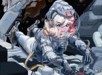  1girl blonde_hair blue_eyes bodysuit cororatan grey_bodysuit highres mechanic mechanical_arms nozzle open_mouth original science_fiction space spacecraft spacesuit teeth upper_teeth_only zero_gravity 