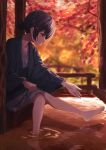  1girl absurdres ashiyu autumn autumn_leaves barefoot black_hair blue_kimono blurry blurry_background blush breasts closed_mouth collarbone from_side hair_between_eyes haori highres idolmaster idolmaster_shiny_colors japanese_clothes kimono leg_up long_sleeves looking_at_another marishiten_(mar1sh110) morino_rinze outdoors print_kimono red_eyes short_hair sitting small_breasts smile soaking_feet solo tree wide_sleeves yukata 