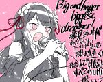  1girl bare_shoulders black_hair cable commentary detached_sleeves digimon digimon_tamers dress hairband highres holding holding_microphone long_hair long_sleeves looking_ahead lyrics microphone music nukari_k open_mouth pink_background pink_eyes pinky_out sidelocks singing sleeveless sleeveless_dress solo sweat tenka_hyakken translated upper_body v-shaped_eyebrows 