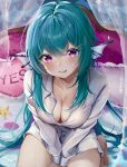  1girl absurdres bed between_legs blush borrowed_clothes breasts cleavage commentary english_commentary finana_ryugu fins fish_girl green_eyes green_hair hand_between_legs head_fins highres kanochaman3 large_breasts looking_at_viewer nijisanji nijisanji_en on_bed pillow purple_eyes shirt smile solo starfish upturned_eyes virtual_youtuber white_shirt yes-no_pillow 