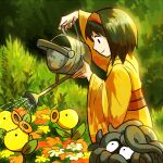  1girl aquanut bellsprout black_eyes black_hair closed_mouth erika_(pokemon) flower hairband holding holding_watering_can japanese_clothes kimono orange_flower outdoors pokemon pokemon_(creature) pokemon_(game) pokemon_hgss red_hairband signature smile solo tangela watering watering_can white_flower yellow_flower yellow_kimono 