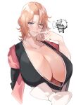  1boy 1girl black_kimono bleach bleach:_the_thousand-year_blood_war blonde_hair blue_eyes breasts cleavage haori highres hitsugaya_toushirou huge_breasts japanese_clothes kimono matsumoto_rangiku mayana_(bbpp) medium_hair mole mole_under_mouth parted_lips pink_shawl shawl shinigami taichou_haori white_background 