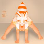  absurd_res antennae_(anatomy) anthro arthropod bee big_ears clothing felid feline female fluffy freckles gloves handwear hi_res humanoid hymenopteran insect jack-o&#039;_pose legwear looking_at_viewer mammal orange_clothing orange_eyes pose small_waist solo thick_thighs thigh_highs 