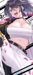  1girl anniversary belt belt_buckle breasts buckle chest_sarashi choker highres isuka kson large_breasts looking_at_viewer mole mole_under_eye navel open_mouth pants piercing ponytail sarashi smile solo souchou sword teeth tongue tongue_out tongue_piercing upper_teeth_only virtual_youtuber vshojo weapon 