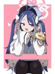  1girl :3 antenna_hair black_necktie black_pantyhose blue_archive blue_hair blue_headwear blue_vest coat collared_shirt doughnut feet_out_of_frame food fubuki_(blue_archive) halo hat highres holding holding_food long_hair long_sleeves looking_at_viewer multicolored_hair necktie open_clothes open_coat open_mouth pantyhose police_hat pon_de_ring red_eyes shirt sitting smile solo streaked_hair twintails uni_gyoza vest white_coat white_shirt 