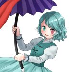  1girl :d aqua_eyes blue_hair blue_skirt blue_vest commentary_request cross-laced_clothes heterochromia highres holding holding_umbrella juliet_sleeves karakasa_obake kyabekko long_sleeves looking_at_viewer one-hour_drawing_challenge open_mouth puffy_sleeves purple_umbrella red_eyes shirt short_hair simple_background skirt smile solo tatara_kogasa tongue touhou umbrella variant_set vest white_background white_shirt 