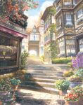  absurdres blue_flower building bush cloud commentary_request cosmos_(flower) day falling_petals flower flower_pot highres hyacinth no_humans orange_flower original outdoors petals pink_flower purple_flower red_flower scenery stairs tomato_(kiiroitomato33) town tree window 
