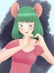  absurd_res animal_humanoid anthro blue_eyes blush breasts clothing eyebrows female gesture green_eyebrows green_hair hair half-closed_eyes hand_heart heart_sign heterochromia hi_res humanoid johncarma_(artist) looking_at_viewer mammal mammal_humanoid mouse mouse_ears mouse_humanoid murid murid_humanoid murine murine_humanoid narrowed_eyes open_mouth open_smile purple_eyes red_clothing rodent rodent_humanoid simple_background small_breasts smile solo 