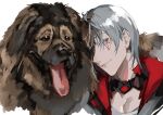  1boy black_choker black_jacket choker dog facial_tattoo fulgur_ovid grey_eyes grey_hair hair_between_eyes hair_over_one_eye jacket lam_(ramdayo) looking_at_viewer male_focus multicolored_choker multicolored_clothes nijisanji nijisanji_en red_choker red_jacket simple_background smile solo tank_top tattoo tongue upper_body virtual_youtuber white_background white_tank_top 