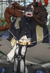  2boys absurdres animal_ears ass_visible_through_thighs bara bead_necklace beads brown_fur clerical_collar corruption demon_boy demon_horns demon_tail demon_wings dog_boy dog_ears feeling_facial_hair fingernails full_beard furry furry_male furry_with_furry hand_on_another&#039;s_chin highres holding holding_jewelry holding_necklace horns huge_eyebrows jewelry large_pectorals male_focus multiple_boys muscular muscular_male necklace original paid_reward_available pectorals pelvic_curtain priest sharp_fingernails short_hair size_difference solo_focus spread_legs stole tail thick_eyebrows thick_thighs thighs two-tone_fur uza_(hellme) white_fur wide_spread_legs wings wolf_boy yaoi 