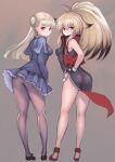  2girls ahoge ass blonde_hair china_dress chinese_clothes covered_nipples dress fingerless_gloves gloves hairpods highres ingrid_(capcom) johan_(johan13) long_hair multicolored_hair multiple_girls panties panties_under_pantyhose pantyhose project_x_zone_2 red_eyes sandals skin_tight two-tone_hair underwear wind wind_lift xiaomu 