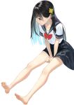  1girl aqua_hair barefoot between_legs black_hair black_skirt blunt_bangs blush bow bowtie collarbone colored_inner_hair eyelashes full_body grey_eyes hair_ornament hand_between_legs hand_up highres leaning_forward long_hair looking_to_the_side mizo-chan_(yamahara) multicolored_hair open_mouth original pleated_skirt red_bow red_bowtie school_uniform shadow shirt short_sleeves sidelocks signature simple_background sitting skirt smile solo toenails toes white_background white_shirt yamahara 