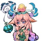  1girl animal_ears antlers bare_shoulders blonde_hair blue_eyes blush breasts closed_mouth colored_skin hair_between_eyes hair_ornament holding holding_staff horse_ears horse_girl league_of_legends lillia_(league_of_legends) long_hair looking_at_viewer multicolored_hair phantom_ix_row shan_hai_scrolls_lillia simple_background smile solo staff taur tearing_up upper_body white_background 
