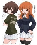  2girls =3 akiyama_yukari black_thighhighs blue_jacket blunt_bangs brown_eyes brown_hair closed_mouth clothes_writing commentary cropped_legs crossed_arms frown girls_und_panzer green_shirt hand_on_own_hip highres index_finger_raised jacket long_hair long_sleeves looking_at_viewer looking_back messy_hair military_uniform miniskirt multiple_girls notice_lines ooarai_military_uniform orange_hair pleated_skirt ri_(qrcode) shirt short_sleeves skirt snort standing t-shirt takebe_saori tank_print thighhighs translated uniform white_skirt 