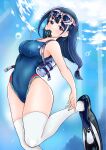  1girl black_eyes black_hair blue_one-piece_swimsuit breasts commentary_request commission competition_swimsuit diving_regulator feet_out_of_frame flippers goggles goggles_on_head highres long_hair looking_at_viewer low-tied_long_hair medium_breasts nobita_(nbnobita) one-piece_swimsuit original pixiv_commission solo swimsuit thighhighs underwater white_thighhighs 
