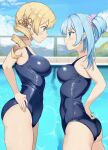  2girls ass blonde_hair blue_eyes blue_hair blue_sky breast_envy breasts caustics cloud cloudy_sky day drill_hair eye_contact from_side hair_ornament hair_scrunchie hairpin hand_on_own_hip hands_on_own_hips highres horizon large_breasts long_hair looking_at_another magia_record:_mahou_shoujo_madoka_magica_gaiden mahou_shoujo_madoka_magica medium_hair minami_rena multiple_girls nagare_(flow) one-piece_swimsuit outdoors pink_scrunchie pool pool_ladder poolside profile school_swimsuit scrunchie short_twintails sky smile swimsuit thighs tomoe_mami twin_drills twintails water yellow_eyes 
