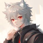  1boy animal_ears bishounen deardraco genshin_impact grey_hair hand_up jacket long_hair male_focus razor_(genshin_impact) red_eyes scar scar_on_face solo upper_body wolf_boy wolf_ears 