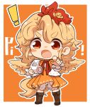  ! 1girl animal animal_on_head bird bird_on_head blonde_hair bloomers blush boots border brown_footwear chick dress full_body holding holding_whistle knee_boots long_sleeves multicolored_hair niwatari_kutaka on_head open_mouth orange_dress pointing pointing_at_viewer red_eyes red_hair shirt short_hair solo touhou two-tone_hair uisu_(noguchipint) underwear whistle white_bloomers white_border white_shirt 