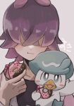  1girl :t akaruku_genki_ni black_shirt blush closed_mouth collarbone commentary_request dot_(pokemon) doughnut eating food grey_background hair_over_eyes hand_up highres holding holding_food long_sleeves pokemon pokemon_(anime) pokemon_(creature) pokemon_horizons purple_hair quaxly shirt upper_body 