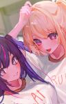  2girls :d blonde_hair blush breasts commentary dutch_angle english_commentary hair_between_eyes highres hoshino_ai_(oshi_no_ko) hoshino_ruby kyoukaraa long_hair looking_at_viewer mismatched_pupils mother_and_daughter multicolored_hair multiple_girls no_pupils one_side_up open_mouth oshi_no_ko pink_hair purple_eyes purple_hair shirt sidelocks smile star-shaped_pupils star_(symbol) streaked_hair symbol-shaped_pupils unfinished upper_body white_shirt 