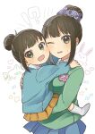  !? 1girl black_hair blush carrying cheek-to-cheek child child_carry cleiooo dual_persona hair_bun hamaguchi_ayame heads_together idolmaster idolmaster_cinderella_girls kindergarten_uniform looking_at_viewer looking_to_the_side name_tag pina_korata sidelocks single_hair_bun smile sweatdrop 