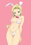  1girl absurdres alternate_costume android_18 animal_ears bikini blonde_hair blue_eyes breasts cameltoe clothing_cutout commentary_request detached_collar dragon_ball dragon_ball_z heart_cutout highres looking_at_viewer medium_breasts navel open_mouth pink_background playboy_bunny_swimsuit rabbit_ears rokoido12 short_hair simple_background solo swimsuit thighs white_bikini wrist_cuffs 