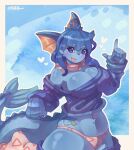  1girl blue_background blue_eyes blue_hair blue_skin blue_sweater blush border breasts brown_border cleavage colored_skin english_commentary finger_gun fins furry furry_female head_fins heart highres large_breasts long_hair off_shoulder open_mouth outside_border panties pink_panties pointing pointing_up pokemon ribbed_sweater smile solo stomach_tattoo sweater tail tattoo underwear vaporeon woozie 