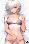  1girl bare_arms bare_shoulders bed_sheet blue_eyes blush bra breasts cleavage closed_mouth collarbone commentary_request eyes_visible_through_hair grey_hair hair_over_one_eye highres infinote large_breasts looking_at_viewer lying navel on_back original panties purple_bra purple_panties sashou_mihiro short_hair smile solo stomach underwear underwear_only 
