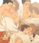 2boys absurdres ace_attorney ascot bara bare_pectorals black_hair blush closed_eyes collared_shirt couple curtained_hair french_kiss grey_hair highres hug hug_from_behind kiss large_pectorals looking_at_another lop5633 male_focus miles_edgeworth multiple_boys multiple_views muscular muscular_male nipples open_clothes open_shirt pectorals phoenix_wright shirt short_hair smile tongue tongue_out white_shirt yaoi 