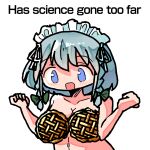 1girl blue_eyes braid breast_padding breasts cleavage commentary english_text food food_on_body food_on_breasts grey_hair hair_between_eyes hands_up has_science_gone_too_far?_(meme) izayoi_sakuya kasuya_baian looking_at_viewer maid_headdress meme nude open_mouth pie simple_background solo touhou twin_braids upper_body white_background 