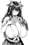  1girl absurdres animal_ears azur_lane blush breasts choker cleavage closed_mouth collarbone commentary_request cow_ears cow_horns flower greyscale hair_flower hair_ornament hand_on_own_chest highres horns huge_breasts kashino_(azur_lane) long_hair looking_at_viewer monochrome ossou_rocket shirt simple_background solo tied_shirt white_background 