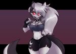  absurd_res annoyed anthro blush bottomwear canid canid_demon clothing collar crescent_moon crop_top demon eyelashes eyeshadow female fingerless_gloves fluffy fluffy_ears fluffy_tail fur glistening glistening_eyes gloves grey_body grey_eyes grey_fur handwear hellhound helluva_boss hi_res loona_(helluva_boss) makeup mammal moon navel neck_tuft notched_ear red_sclera redpandabobana shirt shorts solo tail thick_eyelashes topwear torn_clothing tuft wide_hips 