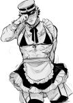  1boy abs alternate_costume aoi_(husiginokuninoa) apron bara bra crossdressing enmaided feet_out_of_frame frilled_skirt frills golden_kamuy greyscale hat hat_over_eyes highres kepi large_pectorals maid maid_apron male_focus male_maid military_hat monochrome muscular muscular_male pectorals revealing_clothes scar scar_on_face scar_on_leg scar_on_mouth scar_on_nose short_hair shy sidepec skirt solo standing sugimoto_saichi sweatdrop thighhighs thighs underwear waist_apron zettai_ryouiki 