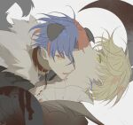  2boys alear_(fire_emblem) alear_(male)_(fire_emblem) alfred_(fire_emblem) alternate_costume animal_ears blonde_hair blue_hair collar earrings fire_emblem fire_emblem_engage fur_trim green_eyes halloween_costume highres jewelry looking_at_viewer male_focus multiple_boys open_mouth pointy_ears red_eyes red_hair short_hair white_background xun_32 yaoi 