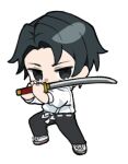  1boy black_eyes black_hair black_pants chibi full_body holding holding_sword holding_weapon jujutsu_kaisen katana looking_at_viewer marimo_jh okkotsu_yuuta pants puffy_short_sleeves puffy_sleeves shirt shoes short_sleeves simple_background solo standing sword weapon white_background white_footwear white_shirt 