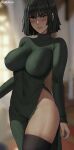  1girl artist_name black_dress black_hair black_thighhighs blush bob_cut breasts closed_mouth covered_navel covered_nipples dress fubuki_(one-punch_man) green_eyes highres large_breasts long_sleeves one-punch_man oroborus side_slit skindentation solo taut_clothes taut_dress thighhighs thighs v-shaped_eyebrows 