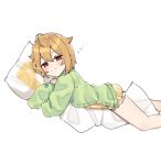  1girl aa211108 ahoge blonde_hair blush cardigan dakimakura_(object) feet_out_of_frame green_cardigan hugging_object ibuki_tsubasa idolmaster idolmaster_million_live! light_smile long_sleeves looking_at_viewer looking_to_the_side p-head_producer pillow pillow_hug producer_(idolmaster) red_eyes simple_background sleep_bubble solo white_background 