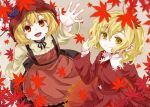  2girls aki_minoriko aki_shizuha autumn_leaves blonde_hair dress falling_leaves fruit_hat_ornament leaf long_sleeves multiple_girls outstretched_hand red_dress red_eyes red_headwear shirt smile touhou yellow_eyes yellow_shirt zetsumame 