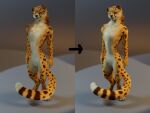  3d_(artwork) anthro barefoot before_and_after cheetah chest_tuft claws digital_media_(artwork) digitigrade feet felid feline female fur half-closed_eyes kesh_(pojodan) looking_at_viewer mammal multicolored_body multicolored_fur narrowed_eyes paws ruaidri solo spots spotted_body spotted_fur standing toes tuft yellow_body yellow_fur 